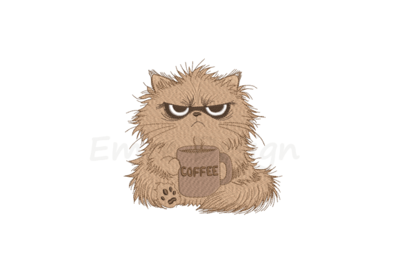 Crazy Cat with Coffee Embroidery Design