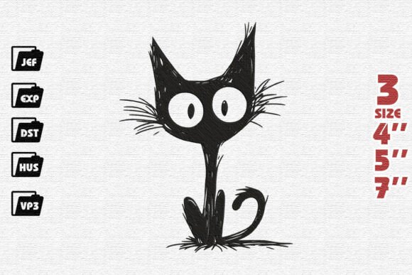 Scruffy Black Cat Sketch Embroidery