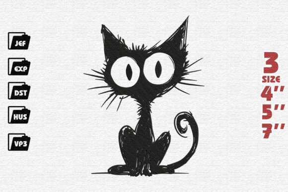 Scruffy Black Cat Sketch Embroidery Design