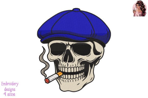 Skull in Navy Newsboy Cap Embroidery